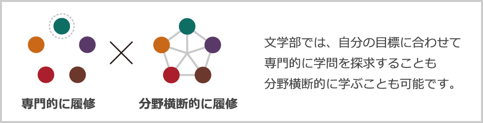 文学部では、自分の目標に合わせて専門的に学問を探求することも分野横断的に学ぶことも可能です。